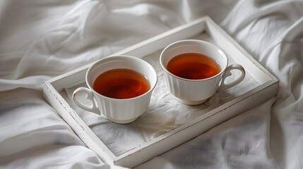 白いトレイに置かれた紅茶の入った2客のティーカップ