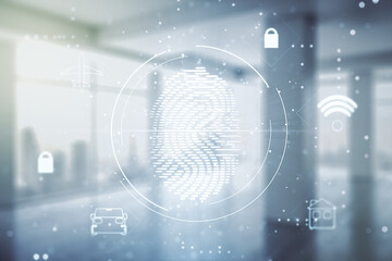 Obraz premium Double exposure of virtual creative fingerprint hologram on empty modern office background, research and development concept