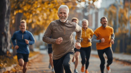 Fototapeta premium a happy group of elderly people jogging outside 