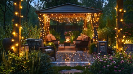 elegant garden with a gazebo, comfortable seating, and fairy lights creating a magical ambiance