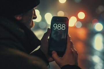 Person Holding a Smartphone Displaying '988' at Night