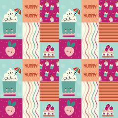 Berry food and drink seamless pattern. Summer refreshing drinks, sweets and desserts . Juicy summer berries. Flat Vector illustration