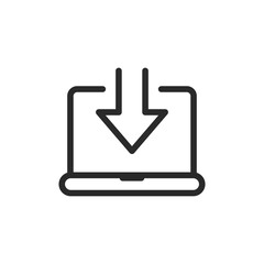 Laptop download, linear style icon. Arrow pointing down into a laptop screen. Editable stroke width