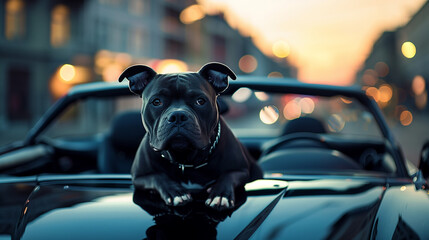 Naklejka premium pitbull dog in front of the car