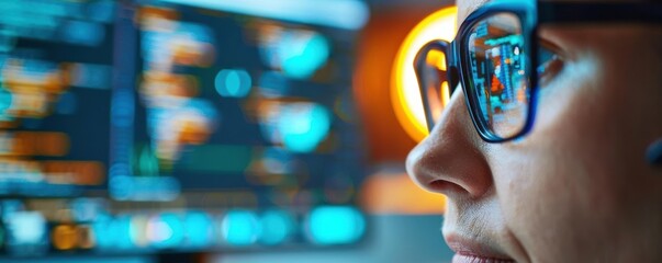 Focused student wearing glasses in an online class, engaging with educational content on a screen