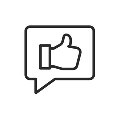 User review and rating, linear style icon. Message with thumbs up. Editable stroke width