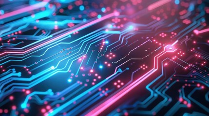 Fototapeta premium Glowing circuit lines in neon blue and pink create a high-tech electronic background