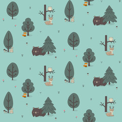 Forest pattern with animals and mushrooms