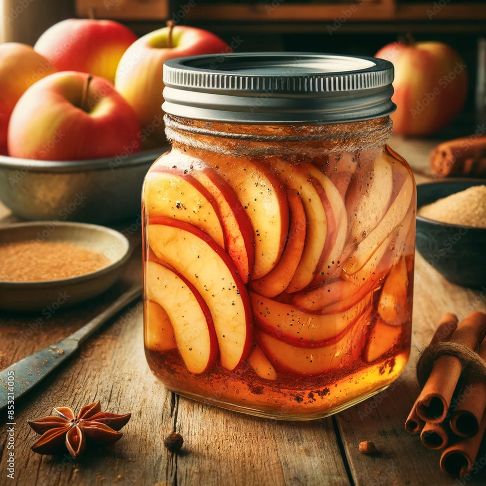 Poster home canning. a glass jar with thinly sliced ​​apple slices with apple syrup and cinnamon stands on 