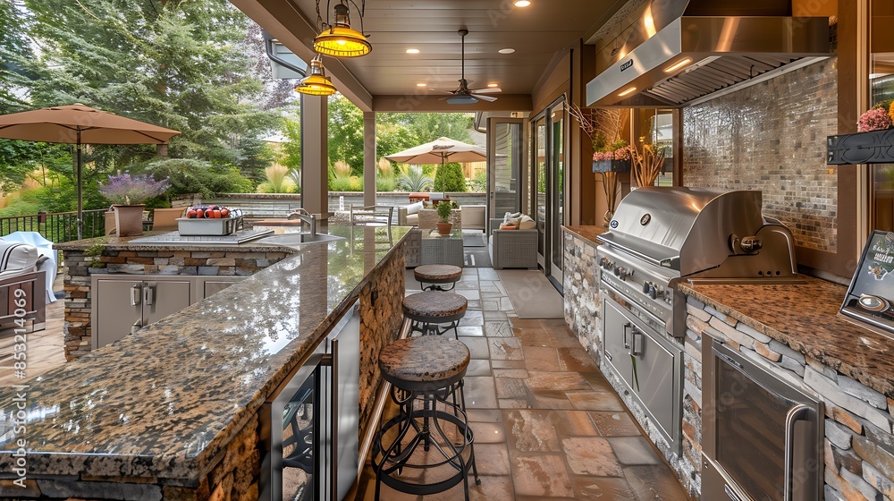 Wall mural elegant outdoor kitchen with granite countertops, stainless steel appliances, and a bar area with hi