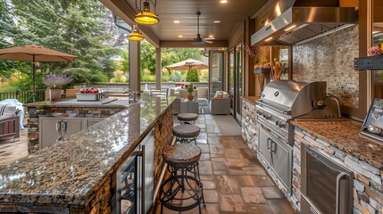 elegant outdoor kitchen with granite countertops, stainless steel appliances, and a bar area with high stools
