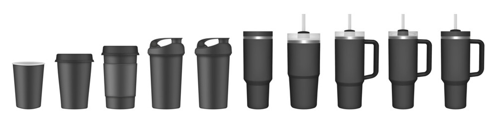 Thermo cup with handle and straw. 20, 30, 40 oz. Travel thermos. Set of black mugs. Tumbler. Sport shaker,. Paper cup with plastic lid and cupholder	