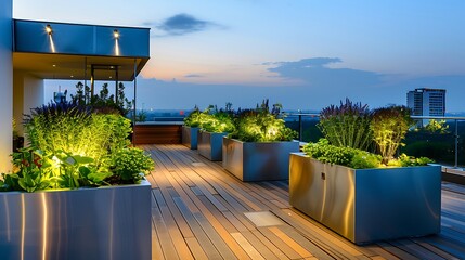 Fototapeta premium exclusive rooftop garden with a sleek modern design, including stainless steel planters, wooden decking, and ambient lighting for nighttime allure