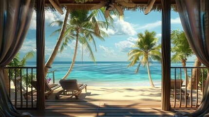 Landscape of beach. Tropical panorama, luxury water bungalow villa resort. Luxury travel destination background for summer holiday and vacation concept. High quality AI generated image