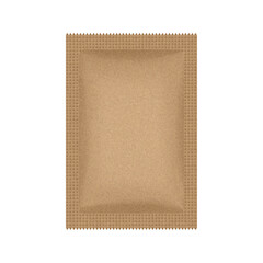 Brown sachet or pouch. Kraft paper texture. Vector bag mockup, wet wipes. Cosmetics sample. Moisturizing sheet face mask. Eco packaging mockup