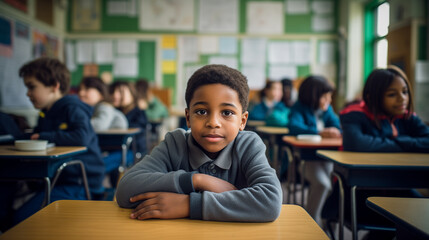 A young black boy sits at a desk in a classroom. He is the only one in the room wearing a gray shirt