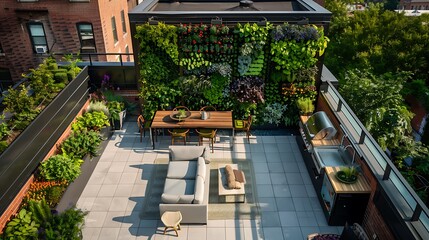 expansive rooftop terrace with modular green living walls, eco-friendly furniture made from upcycled materials, and a compact herb garden for fresh, sustainable cooking