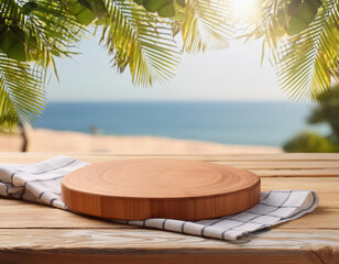 Obraz premium A summer wooden podium with a sandy tropical sea and blurred palm leaves in the background. space for your product mock-up