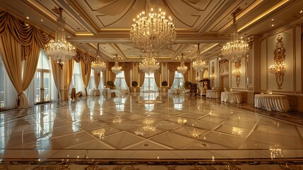 opulent ballroom with a large dance floor, crystal chandeliers, and elegant decor, perfect for hosting lavish events