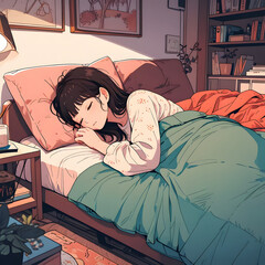 Cute anime girl sleeping on the bed in her bedroom