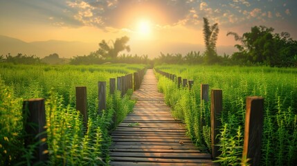 Obraz premium Field of Sunn Hemp with a Wooden Bridge