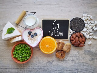 Calcium high foods with the chemical symbol Ca. Natural products containing calcium. Foods rich in calcium include nuts, seeds, dairy products, beans, peas. Osteoporosis diet, food for healthy bones.