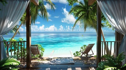 Fototapeta premium Landscape of beach. Tropical panorama, luxury water bungalow villa resort. Luxury travel destination background for summer holiday and vacation concept. High quality AI generated image