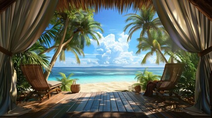 Landscape of beach. Tropical panorama, luxury water bungalow villa resort. Luxury travel destination background for summer holiday and vacation concept. High quality AI generated image