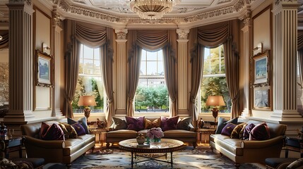 Fototapeta premium opulent drawing room with plush seating, intricate crown moldings, and a large bay window dressed with heavy silk curtains