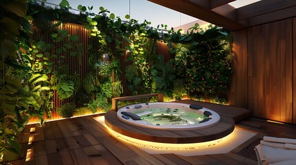 Fototapeta premium opulent rooftop terrace with a private hot tub, surrounded by a privacy screen of lush vertical gardens and soft, integrated lighting for nighttime ambiance