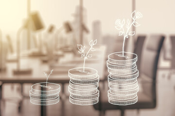 Virtual cash savings illustration on a modern furnished office background. Retirement savings and...