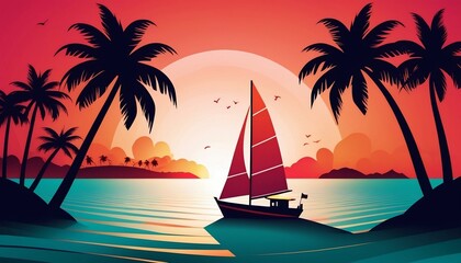Paper cut sailboat sails in the blue ocean during sunset. Seascape, environment concept. Sailor's Day with vector paper cut art design, 3d digital illustration created with generative ai.
