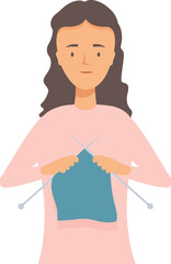 Woman concentrating on knitting a blue scarf, holding knitting needles