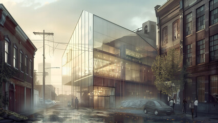 Obraz premium Fusion of Time: Glass and Steel Museum Inserted in an Abandoned Industrial Streetscape