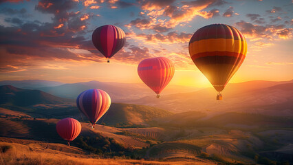 Naklejka premium Skyward Journey: Hot Air Balloons Over a Mountain Valley at Sunset