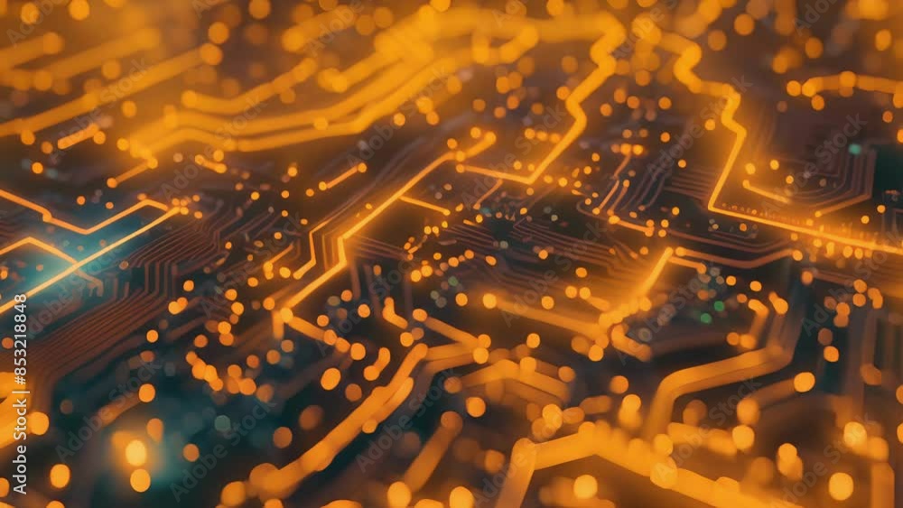 Poster the intricate lines and patterns of a glowing circuit board resembling a breathtaking abstract art p