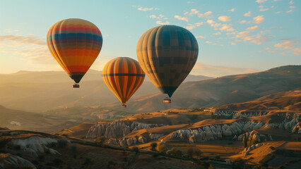 Obraz premium Evening Sunset with Hot Air Balloons and Majestic Mountains