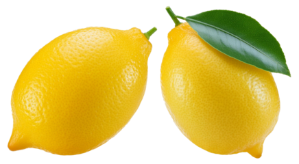 Two vibrant, juicy lemons with a green leaf, isolated on a clear background