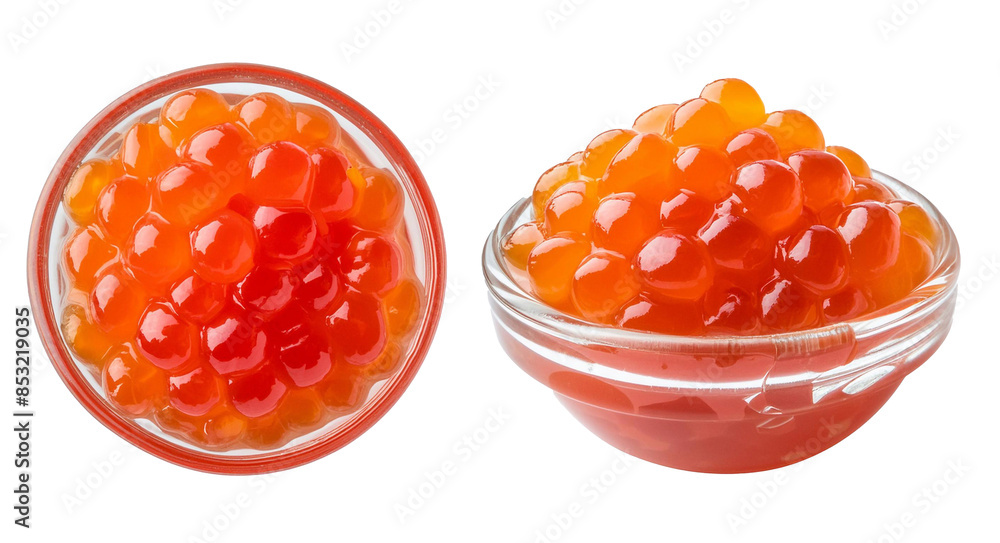 Poster two shimmering bowls of red caviar set against a clear backdrop with clipping path