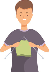 Young man is focused on his knitting project, carefully manipulating green yarn with knitting needles