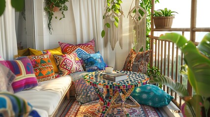 bohemian-inspired balcony with colorful throw pillows, hanging macram?(C) plant holders, and a small mosaic tile table for coffee and books