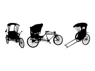 Set of Rickshaw Silhouette in various poses isolated on white background
