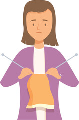 Young woman is knitting a wool scarf using two needles