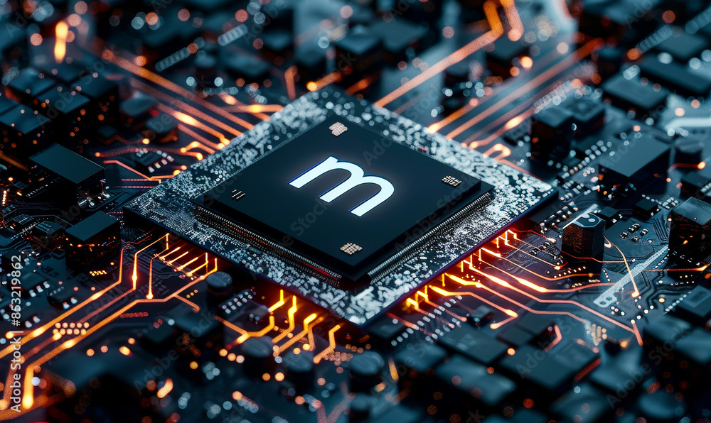 Poster futuristic motherboard with glowing info symbol on microchip, cpu data flow, 3d render, information 