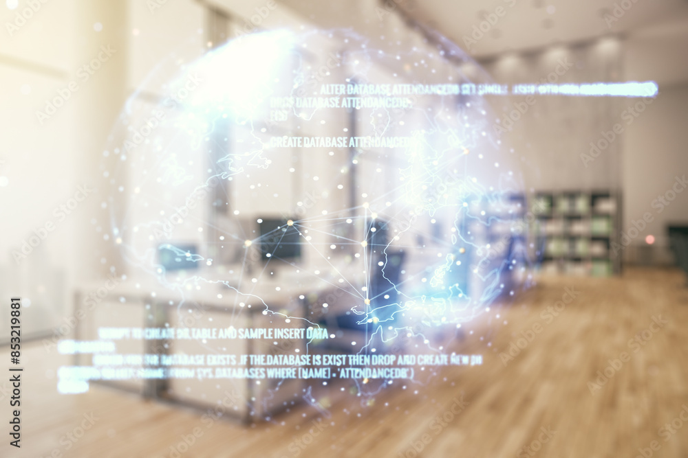 Aufkleber abstract virtual coding concept and world map hologram on a modern furnished office background. mult