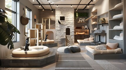 chic pet lounge designed for comfort and style, with custom pet beds, climbing structures, and a grooming station, all in a tastefully decorated space