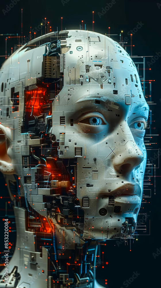 Poster blending human emotion and artificial intelligence: futuristic cybernetic face with intricate circui