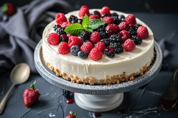A delectable cheesecake is adorned with vibrant berries and a sprinkle of fresh mint leaves, creating a visually appealing and mouth-watering dessert masterpiece