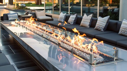 contemporary fire lounge with a rectangular gas fire pit, surrounded by sleek, angular seating and decorative glass stones
