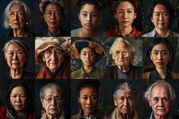 A series of portraits showcasing the beauty and wisdom of older women. Each face tells a unique story, capturing the essence of time and experience